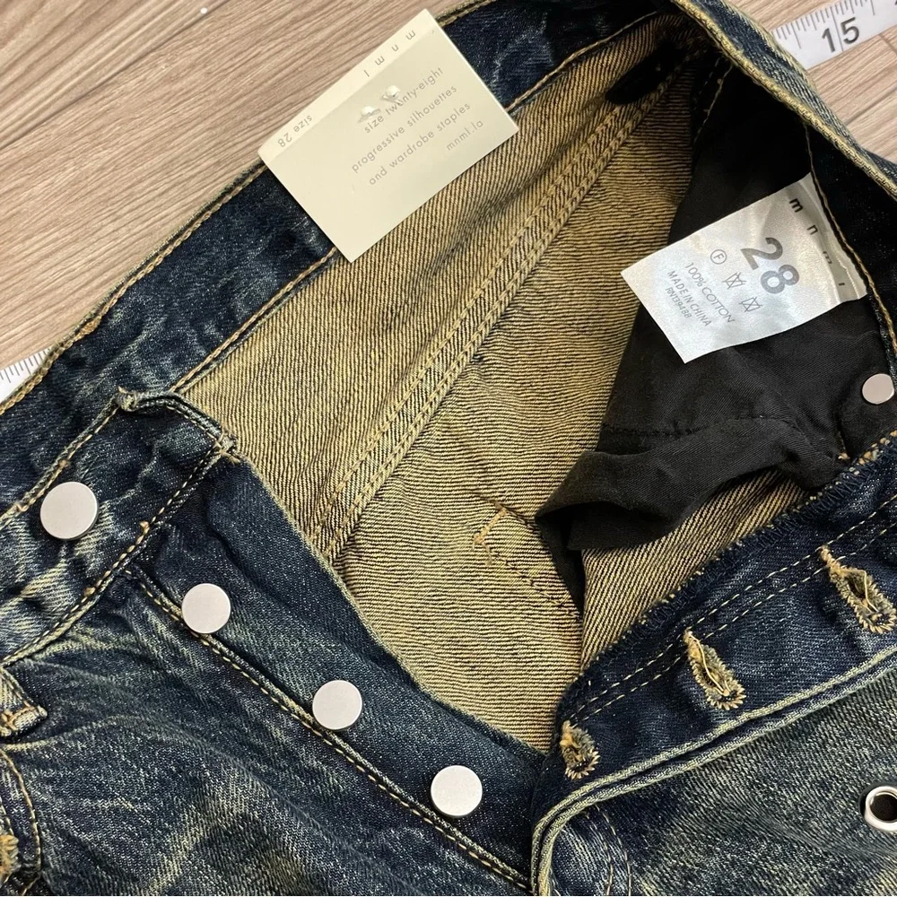 mnml Metal Eyelet Grommet Yellow Washed Distressed Denim Flare Jeans